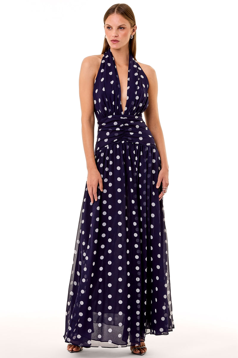 Arella Dress - Navy Ivory Polka Dot