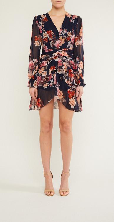 Floral Pintuck LS Mini Dress - Sapphire Multi