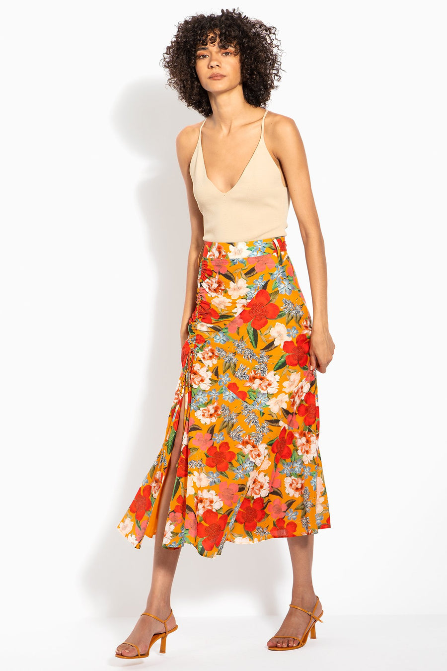 Side Gathered Skirt - Tangerine Multi
